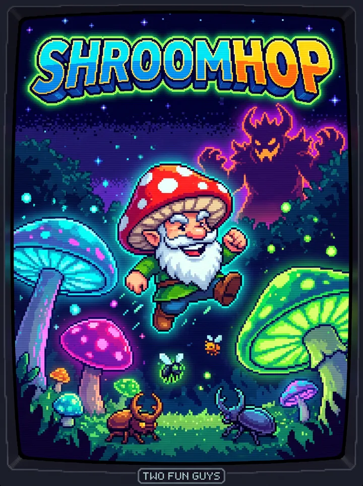GNOME RESCUE — pixel-art gnome in an amanita hat in a neon mushroom forest